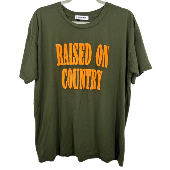 Daydreamer Tops - Daydreamer‎ Raised On Country Graphic Tee Olive Green Orange Puff Print Size M